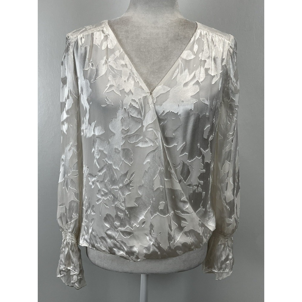 White House Black Market Silk Blend Faux Wrap Top Blouse Sz 2 White Romantic